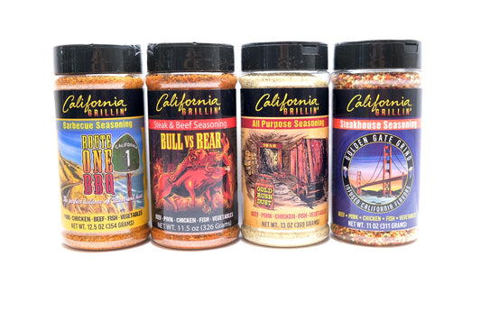 California Grillin seasoning collection 4 Pack Route One BBQ, Bull vs Bear, Gold Rush Dust & Golden Gate Grind